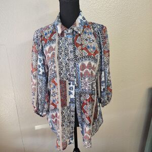 Haver London Patchwork Paisley Button Blouse Large Boho Balloon Sleeve AA630